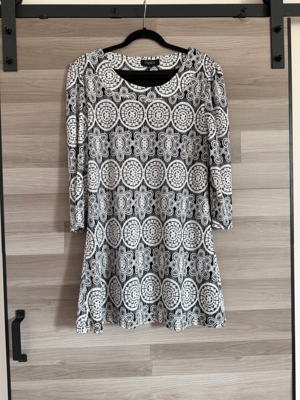 Papillon Black and White Medallion Print 3/4 Sleeve A-Line Dress Size Large